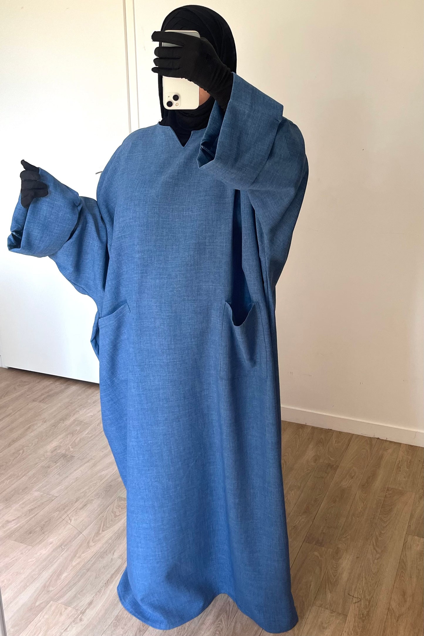 Abaya Aïcha en lin BLEU CYAN