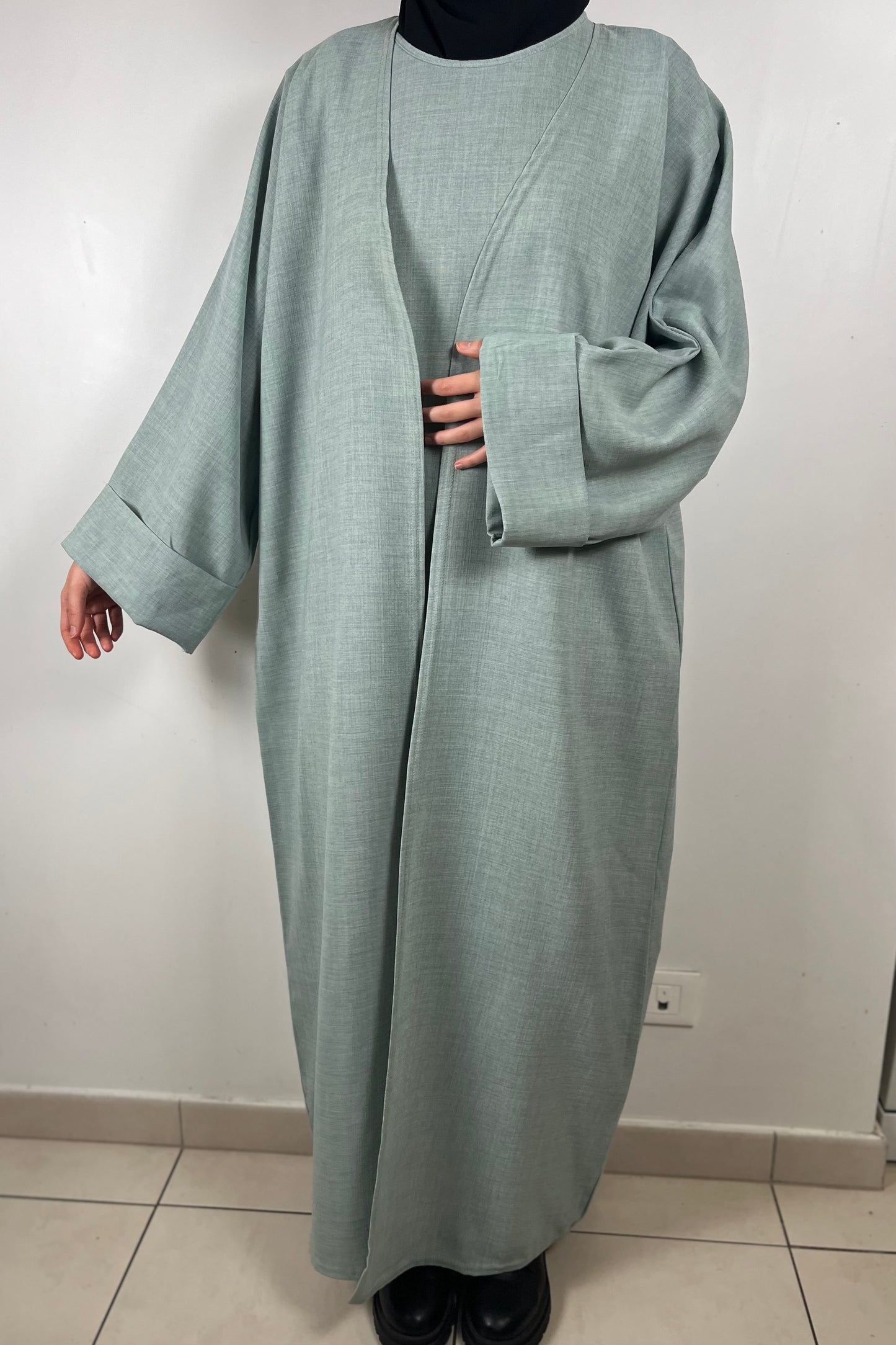 Ensemble Abaya Kimono effet Lin Soheila VERT D'EAU