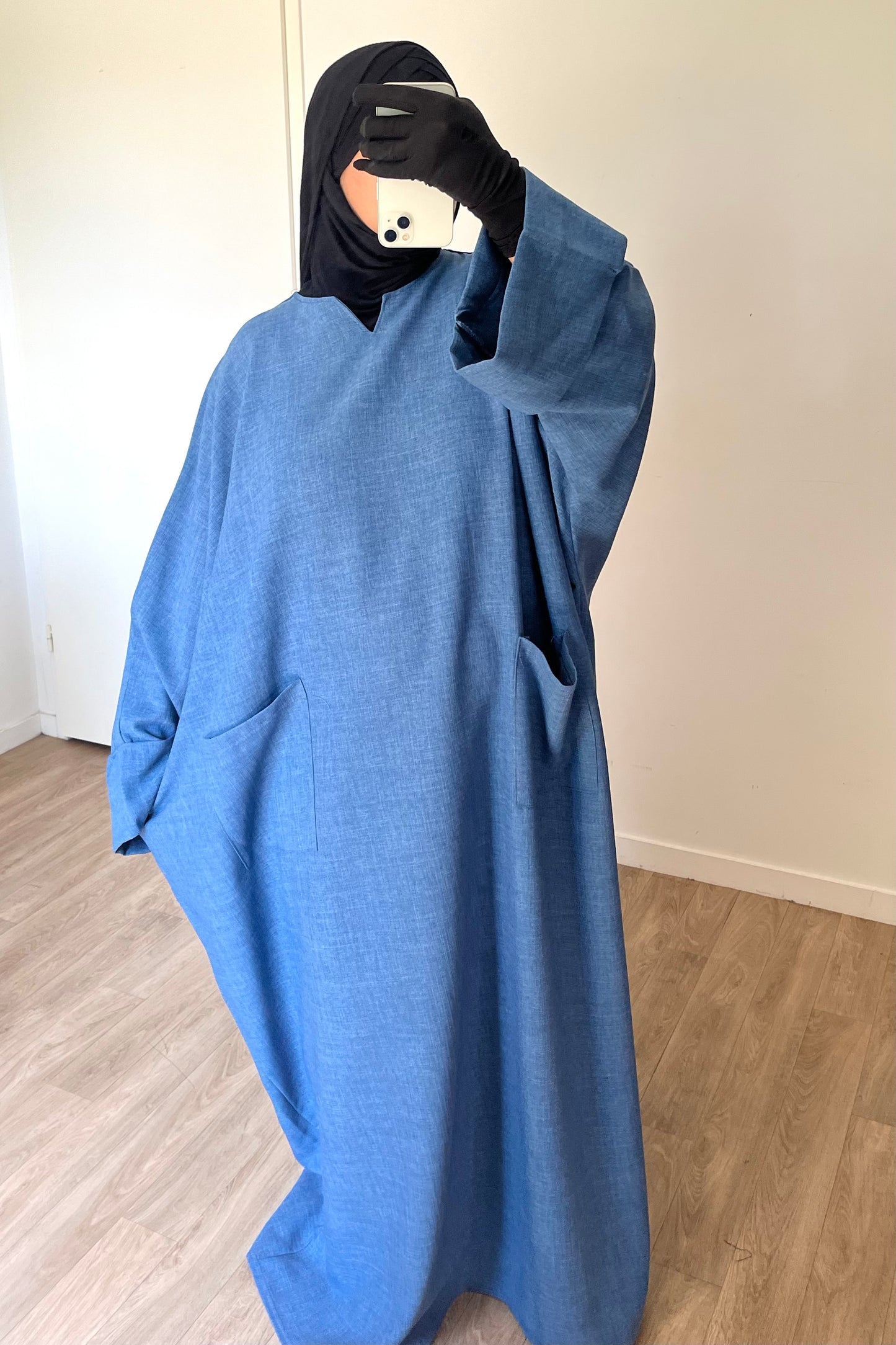 Abaya Aïcha en lin BLEU CYAN