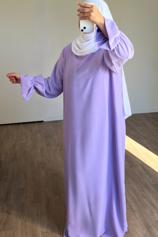 Abaya manches tulipes en Soie de médine lavande