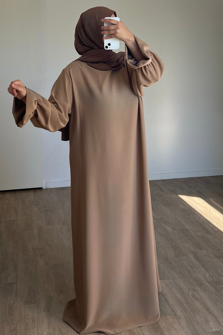 Abaya manches tulipes en Soie de médine camel