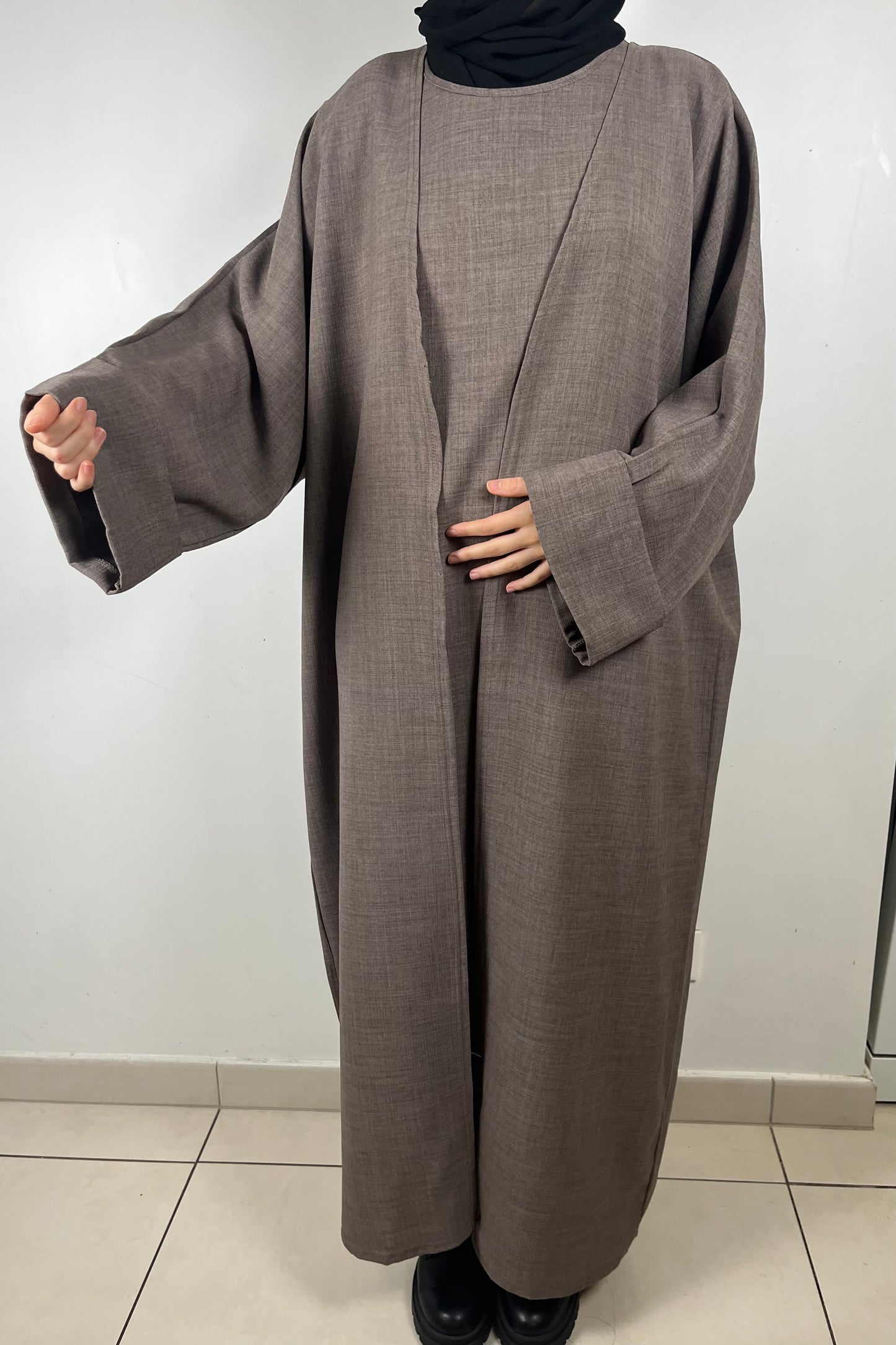 Ensemble Abaya Kimono effet Lin Soheila TAUPE