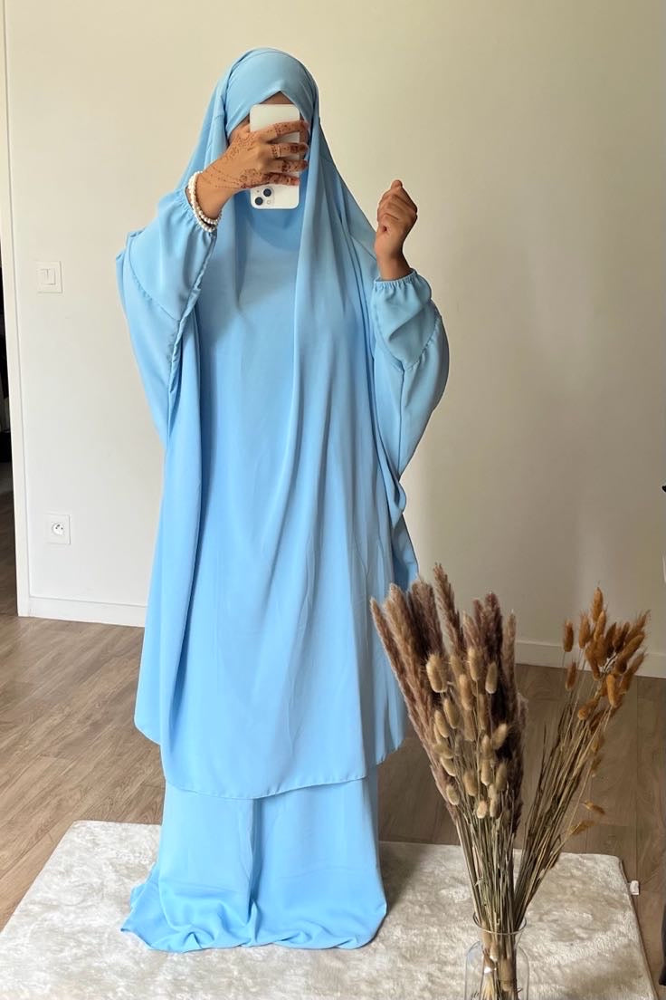 JILBAB EN SOIE DE MEDINE BLEU CIEL