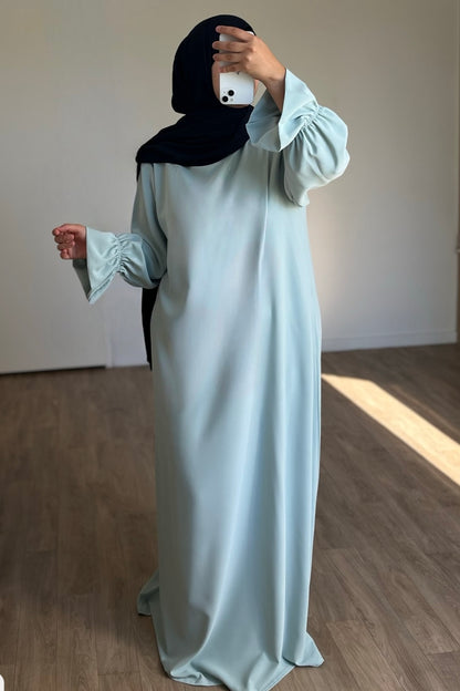 Abaya manches tulipes en Soie de médine vert menthe