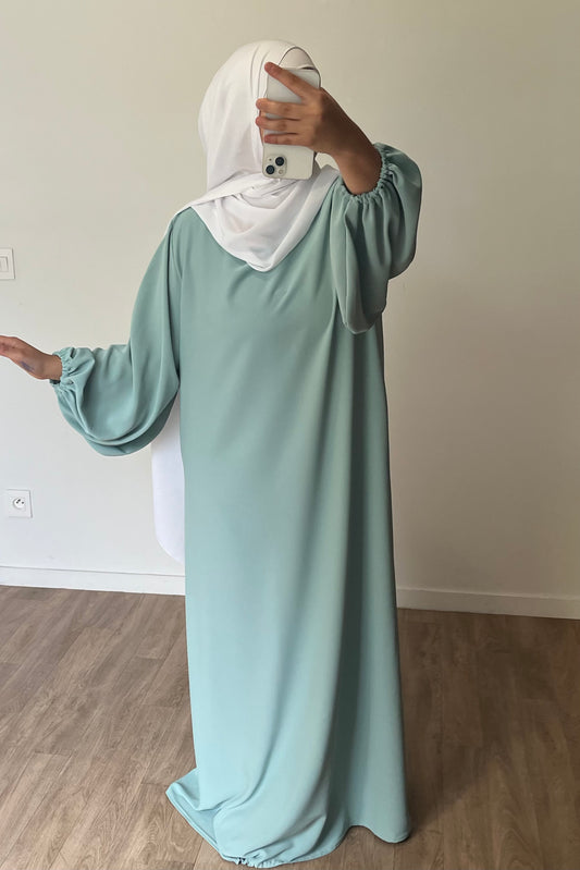 Abaya manches bouffantes en Soie de Médine vert d'eau