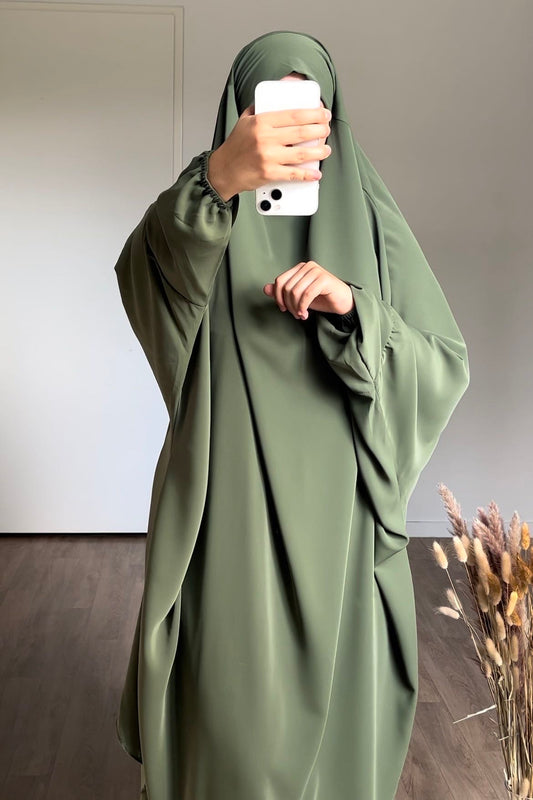 JILBAB EN SOIE DE MEDINE VERT KAKI