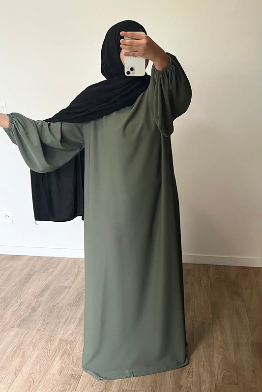 Abaya manches bouffantes en Soie de Médine vert