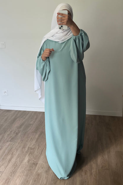 Abaya manches bouffantes en Soie de Médine VERT D'EAU