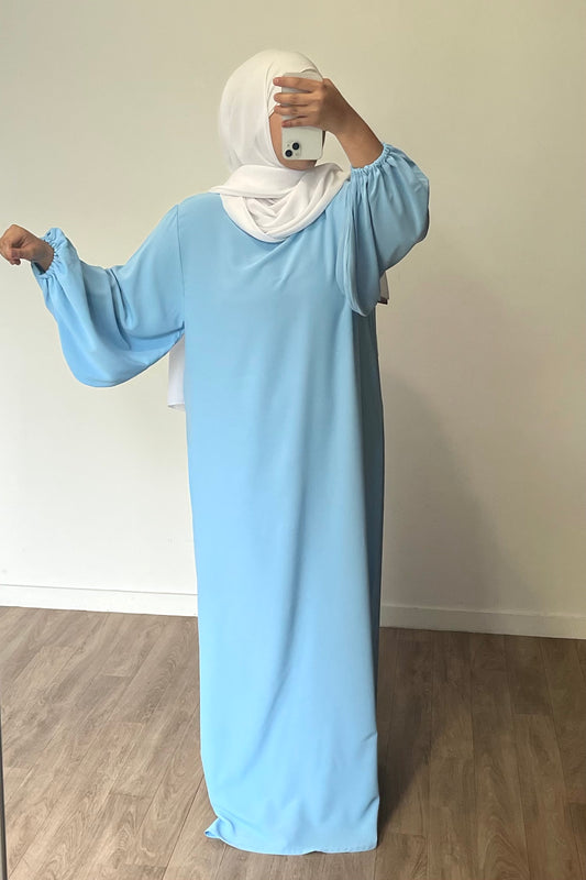 Abaya manches bouffantes en Soie de Médine bleu ciel