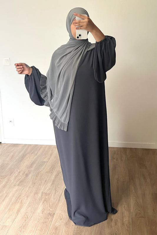 Abaya manches bouffantes en Soie de Médine gris foncé