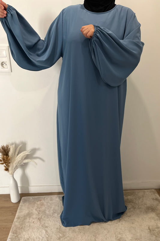 Abaya manches bouffantes en Soie de Médine Bleu cyan