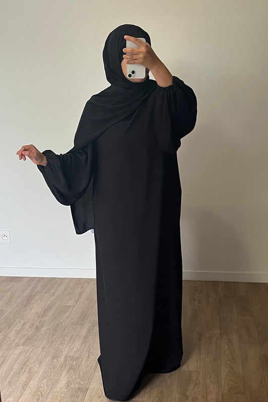 Abaya manches bouffantes en Soie de Médine noir